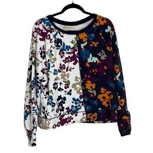 Maeve Anthropologie Color Block Floral Long Puff-Sleeved‎ Crew Neck Sweatshirt L